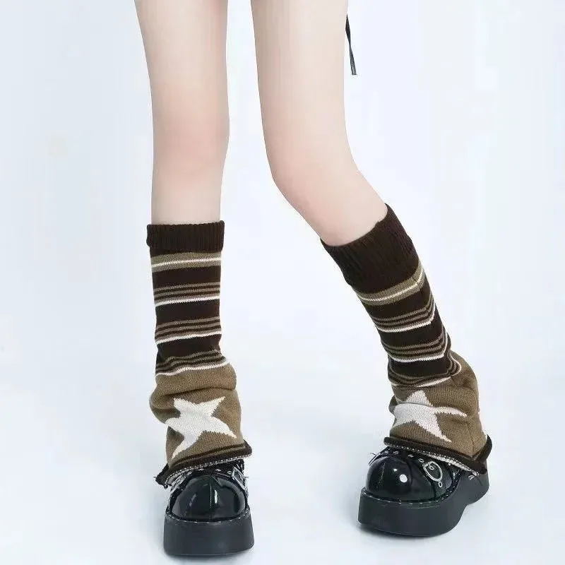 Sohiwoo Japanese Striped Brown Star Leg Warmers Knitted Double-sided Woolen Stocking Flared Y2K Leg Cover Jk Winter Stocking Stockings