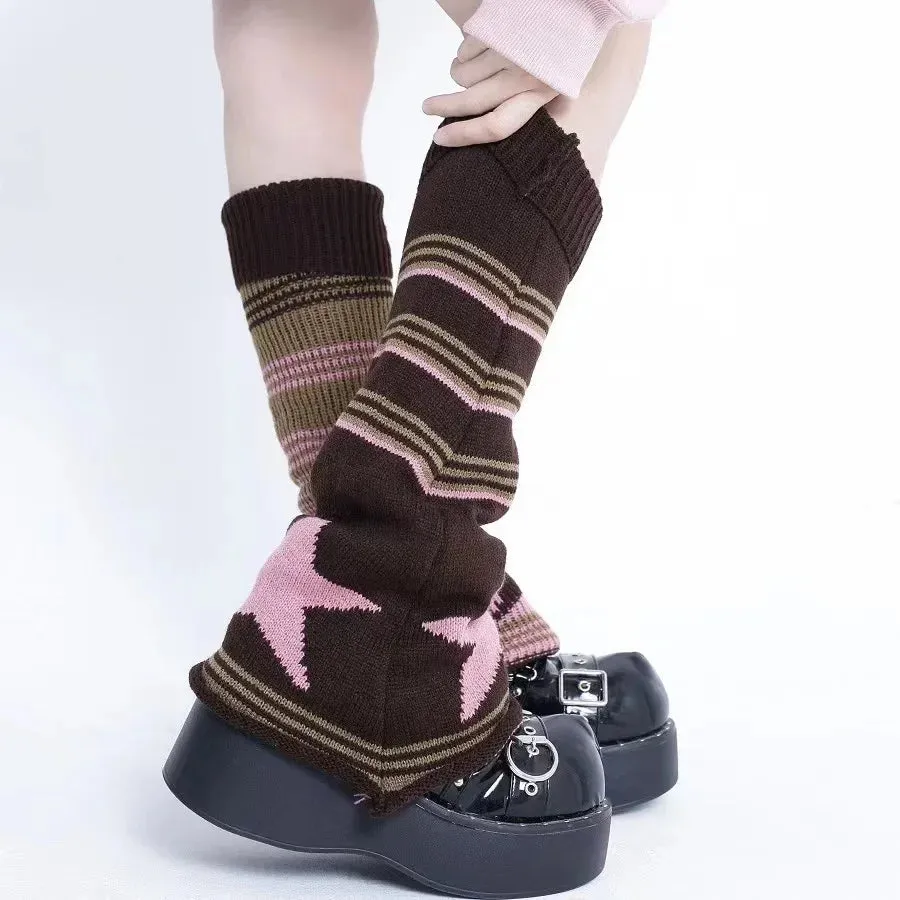 Sohiwoo Japanese Striped Brown Star Leg Warmers Knitted Double-sided Woolen Stocking Flared Y2K Leg Cover Jk Winter Stocking Stockings