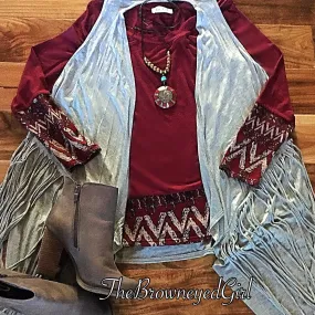 South Western Tribal Print Accented Burgundy Top