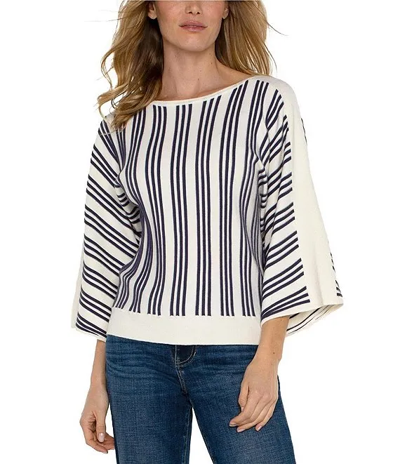 Stripe Print Knit Boat Neck 3/4 Dolman Sleeve Sweater