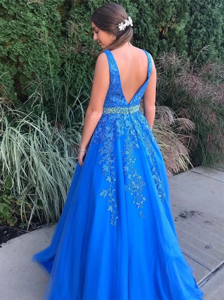 Stylish V Neck Backless Blue Lace Long Prom 2020 with Belt, Backless Blue Lace Formal, Blue Lace Evening