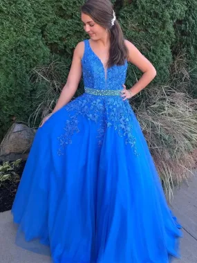 Stylish V Neck Backless Blue Lace Long Prom 2020 with Belt, Backless Blue Lace Formal, Blue Lace Evening