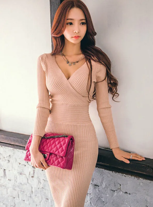 TastyHottie - Spring Knitted Cotton Solid Skinny V-neck Sweater Dresses