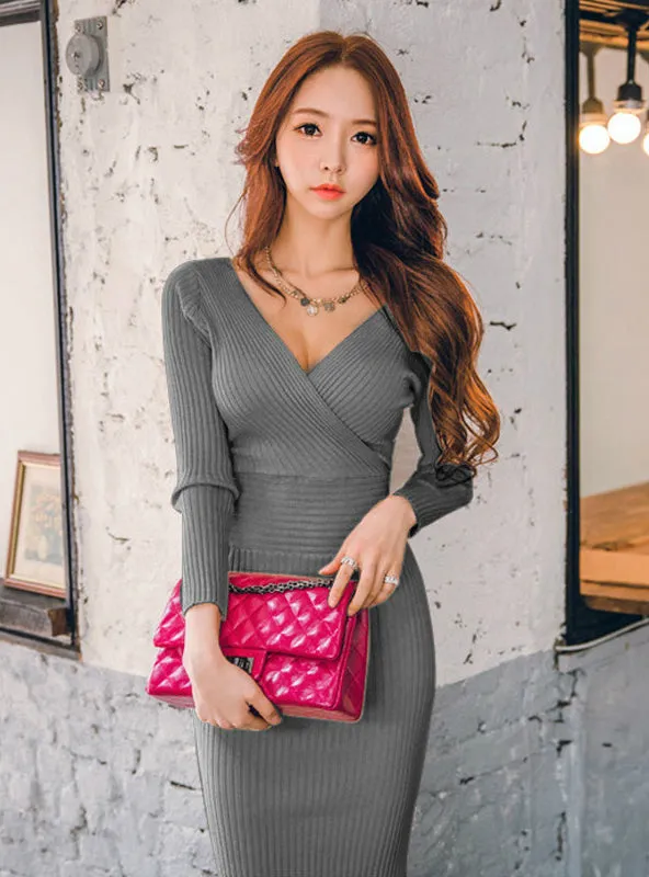 TastyHottie - Spring Knitted Cotton Solid Skinny V-neck Sweater Dresses