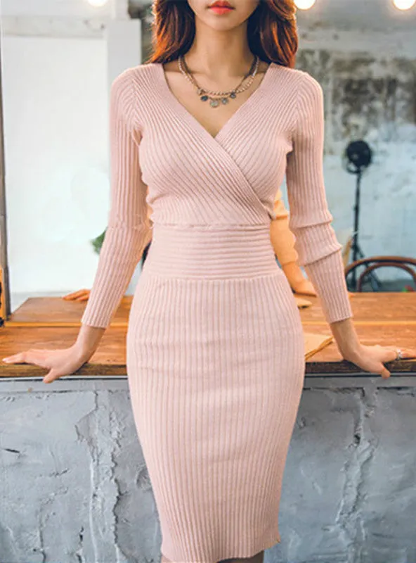 TastyHottie - Spring Knitted Cotton Solid Skinny V-neck Sweater Dresses