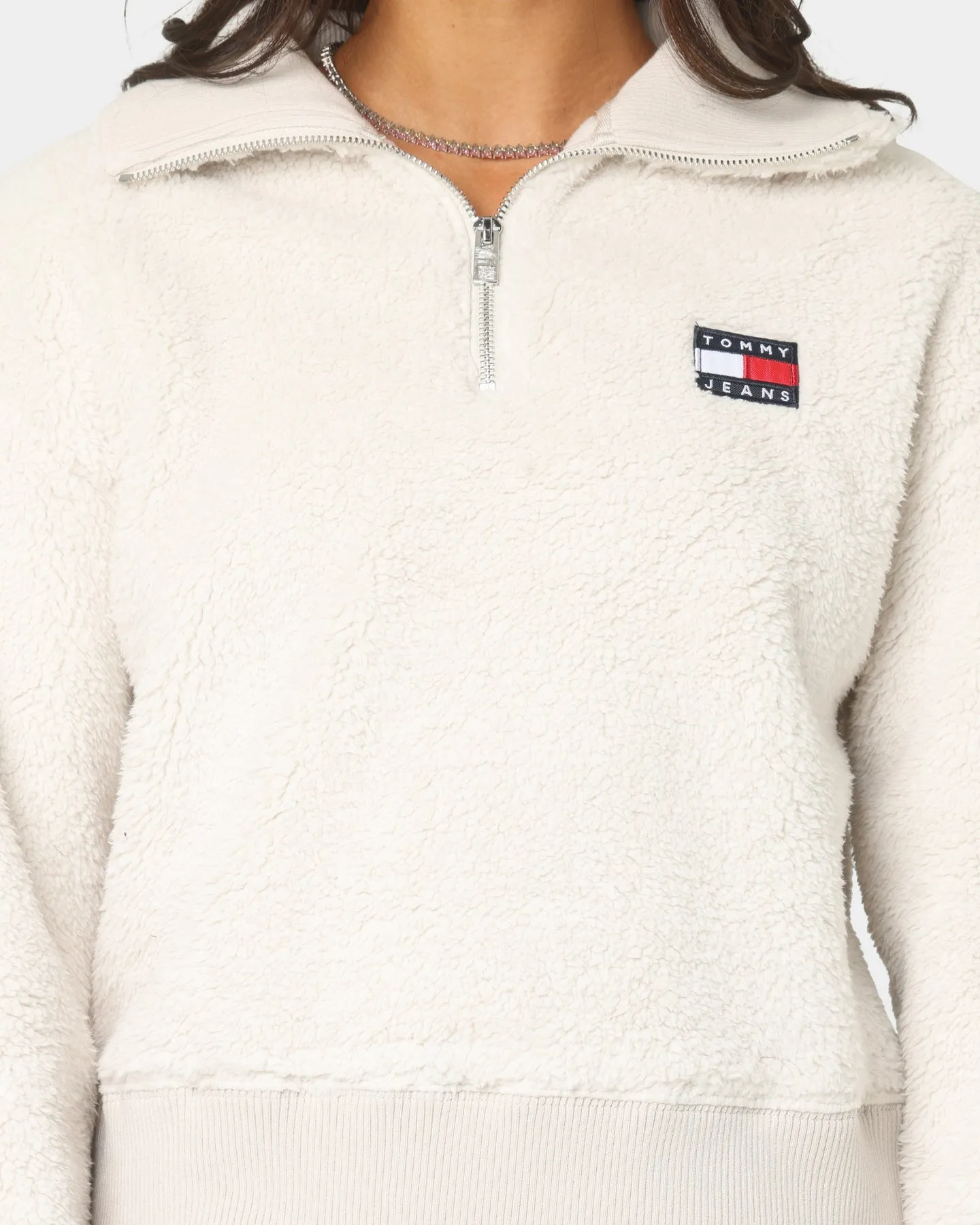 Tommy Jeans Women's Plush Badge Quarter Zip Sweater Stony Beige