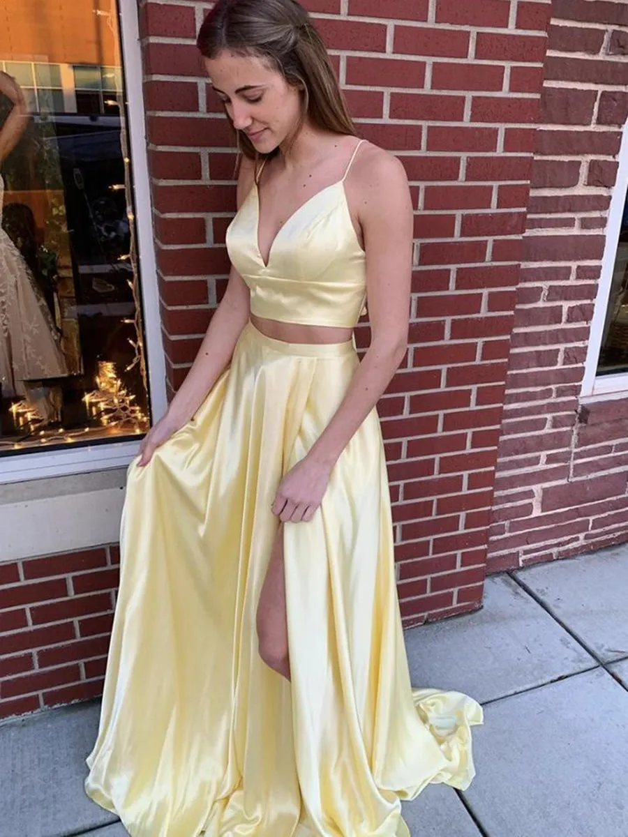 Two Pieces V Neck Long Yellow Prom with Slit, 2 Pieces Yellow Formal Graduation Evening