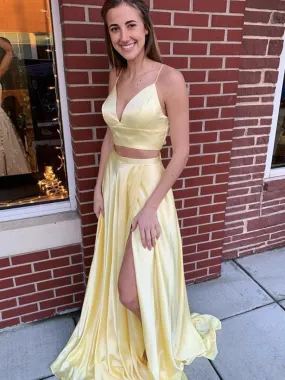 Two Pieces V Neck Long Yellow Prom with Slit, 2 Pieces Yellow Formal Graduation Evening