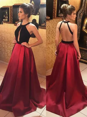 Unique Two Pieces Black Top Backless Burgundy Prom, Burgundy Formal, Evening