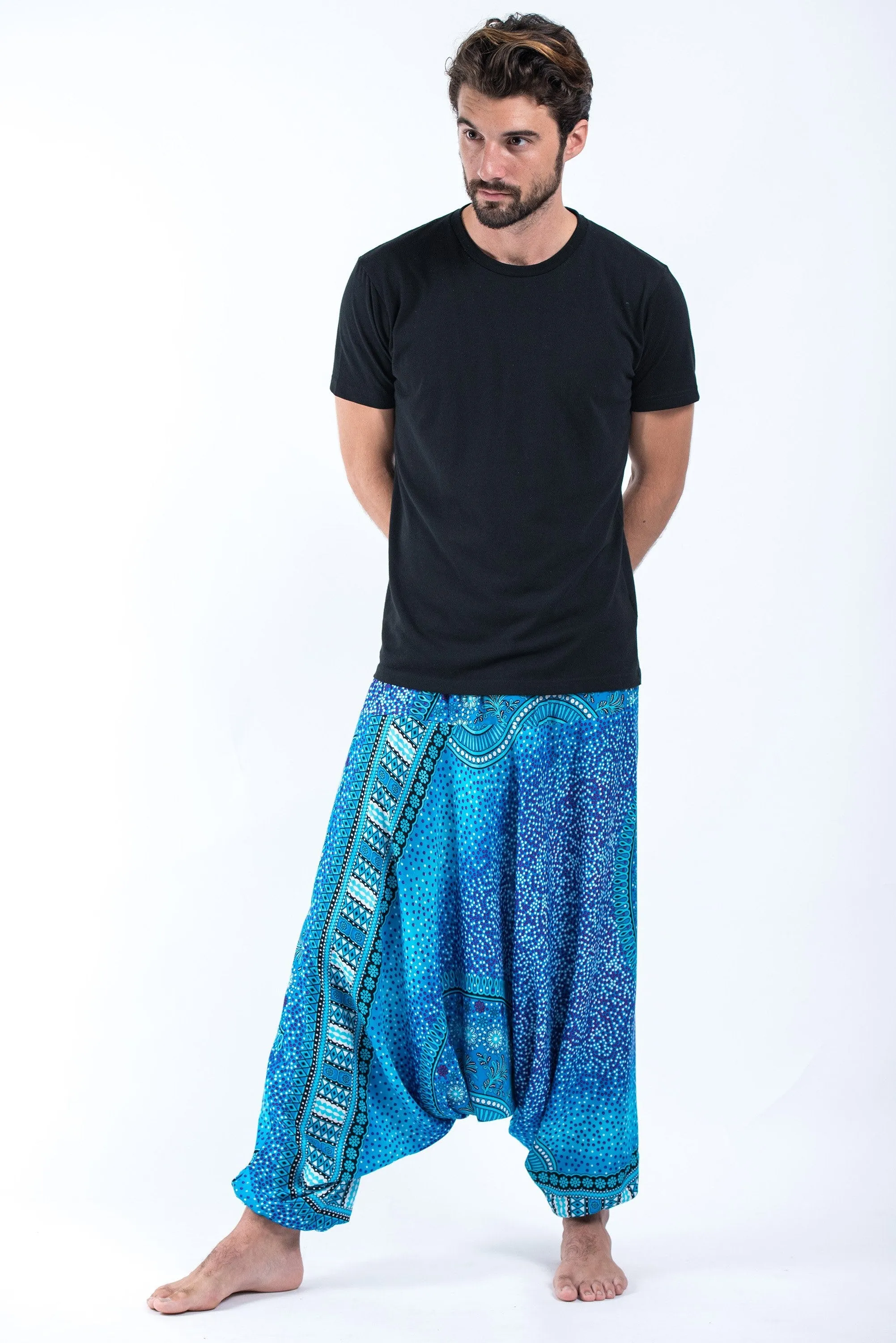 Unisex Tribal Chakras Drop Crotch Drop Crotch Jumpsuit Harem Pants in Blue