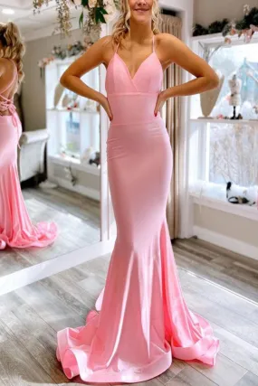 V Neck Backless Mermaid Pink Long Prom Dress, Mermaid Pink Formal Dress, Pink Evening Dress A1718