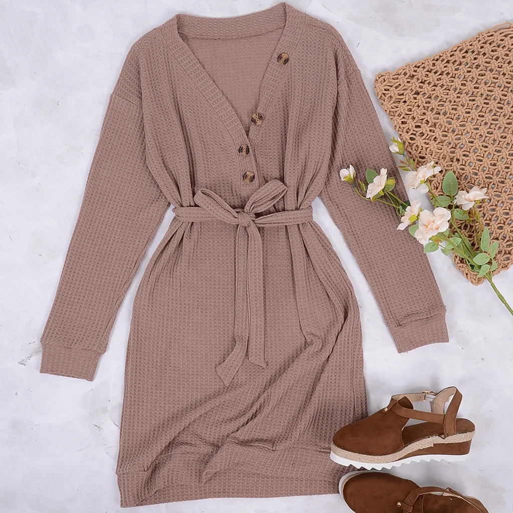 V Neck Button Sweater Dress