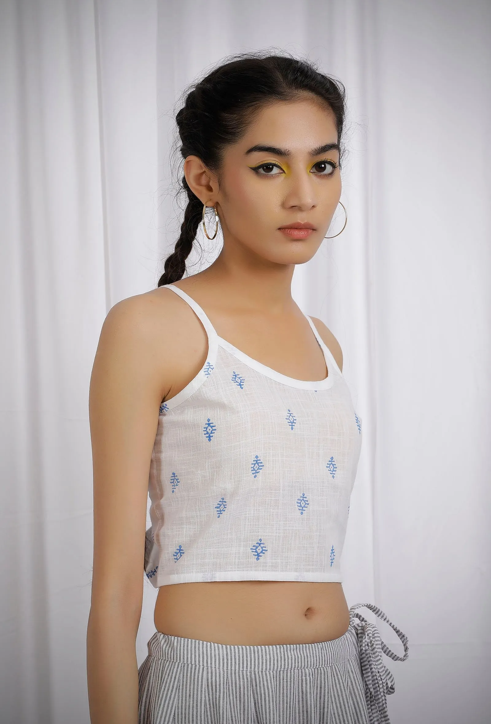 White Cotton Slub Blue Block Printed Slip Top