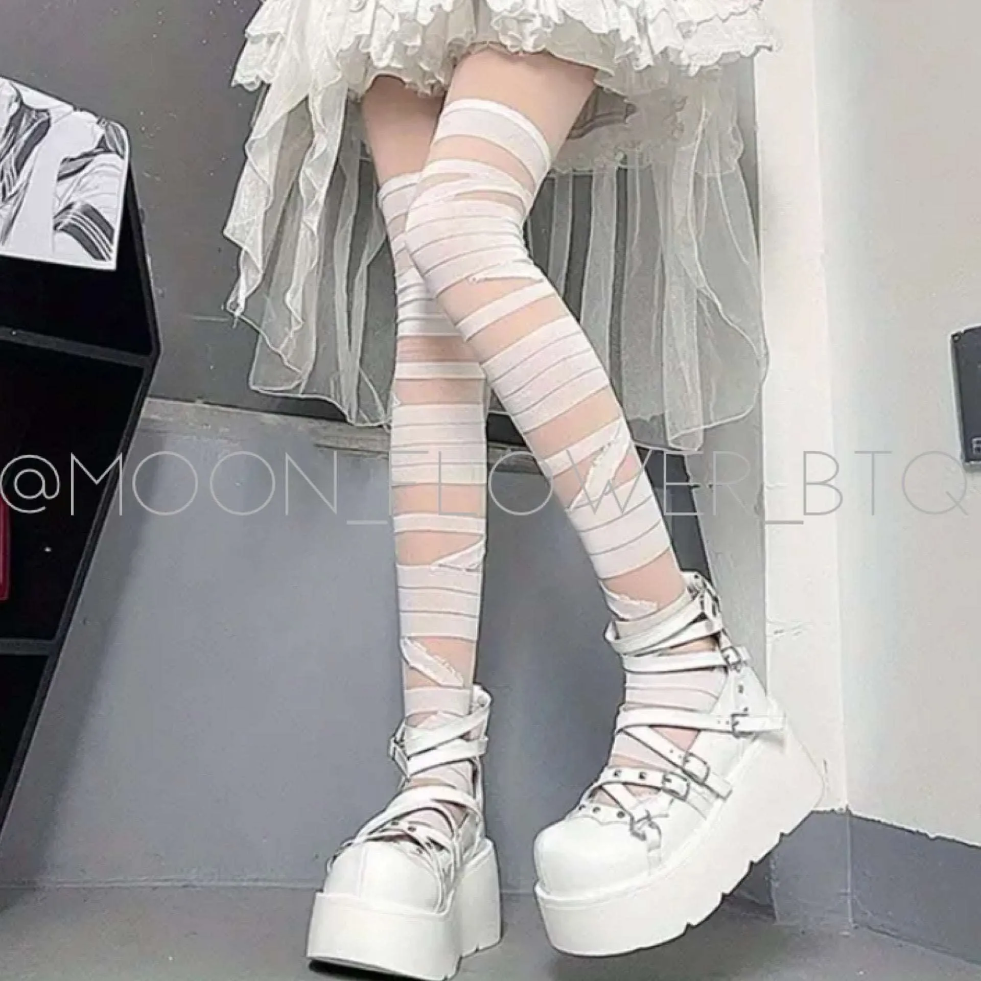 White Strappy Thigh High Over the Knee Stockings