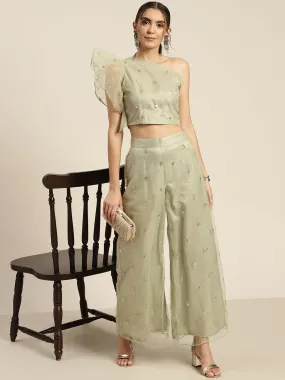 Women Olive Tulle Sequins Flared Pants