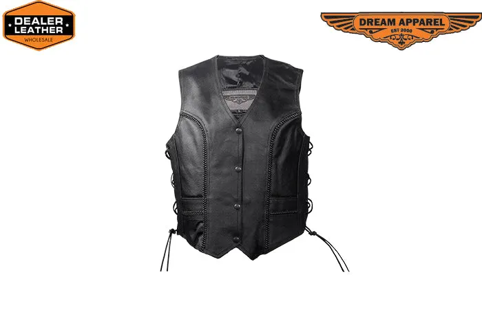 Womens Black Motorcycle Multi Pockets Leather Vest