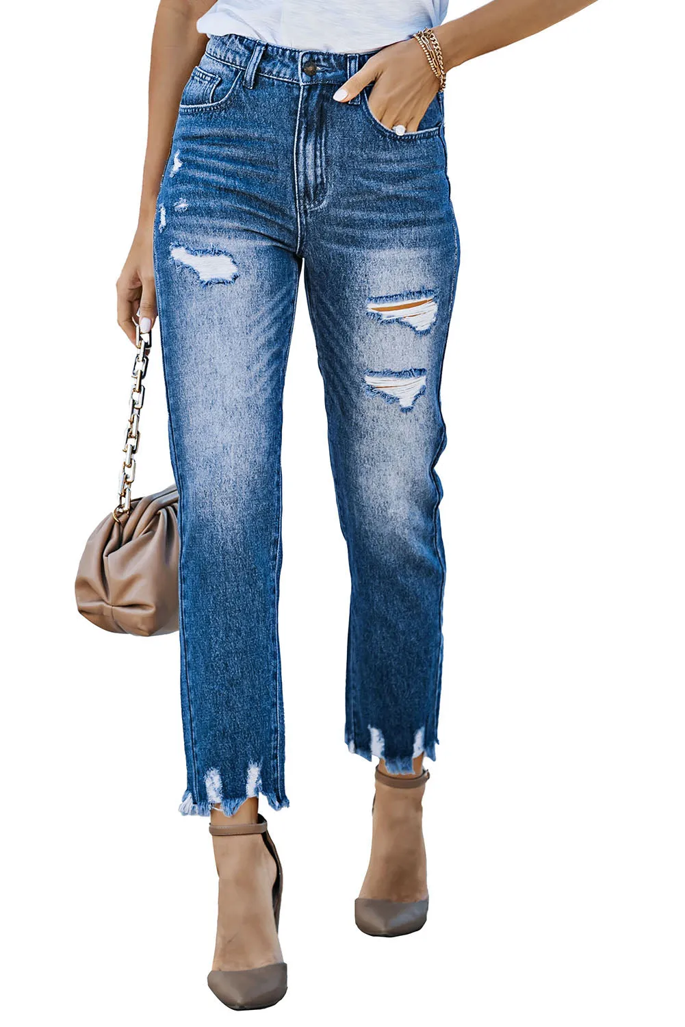 Women's Patchwork Destroyed Jean Ripped Boyfriend Denim Pants