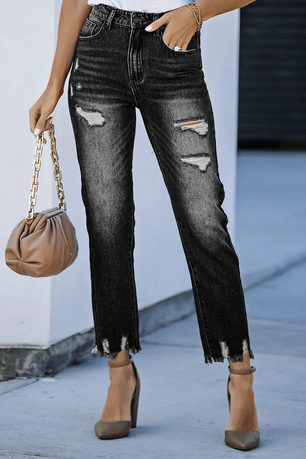 Women's Patchwork Destroyed Jean Ripped Boyfriend Denim Pants