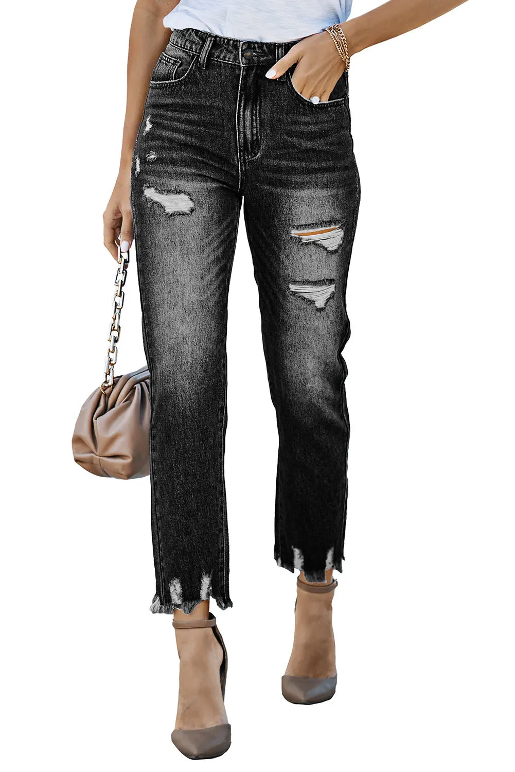 Women's Patchwork Destroyed Jean Ripped Boyfriend Denim Pants