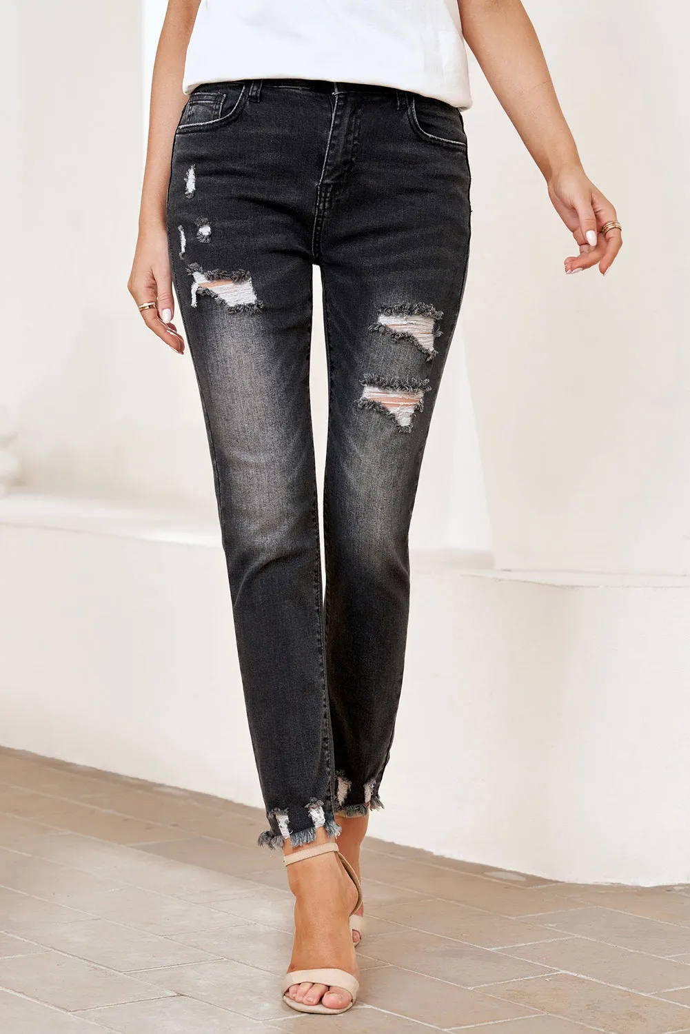 Women's Patchwork Destroyed Jean Ripped Boyfriend Denim Pants