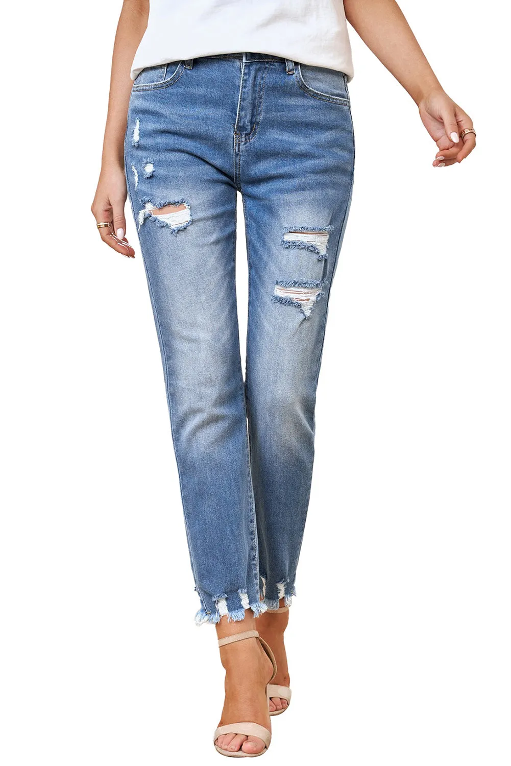 Women's Patchwork Destroyed Jean Ripped Boyfriend Denim Pants