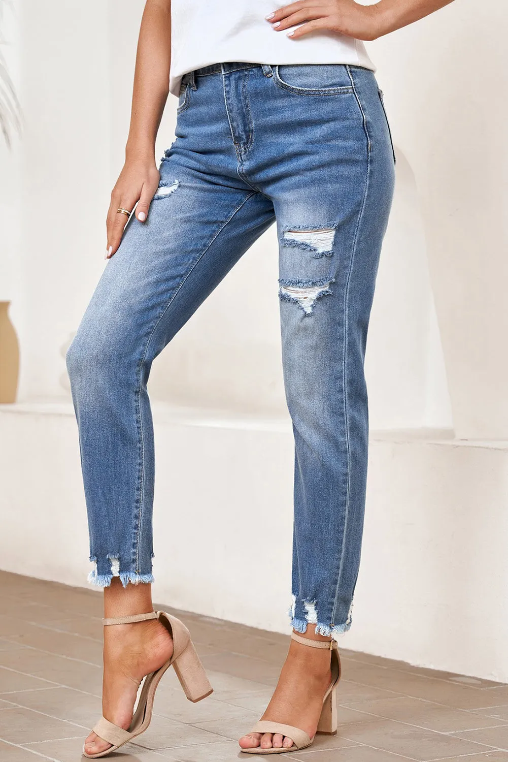 Women's Patchwork Destroyed Jean Ripped Boyfriend Denim Pants