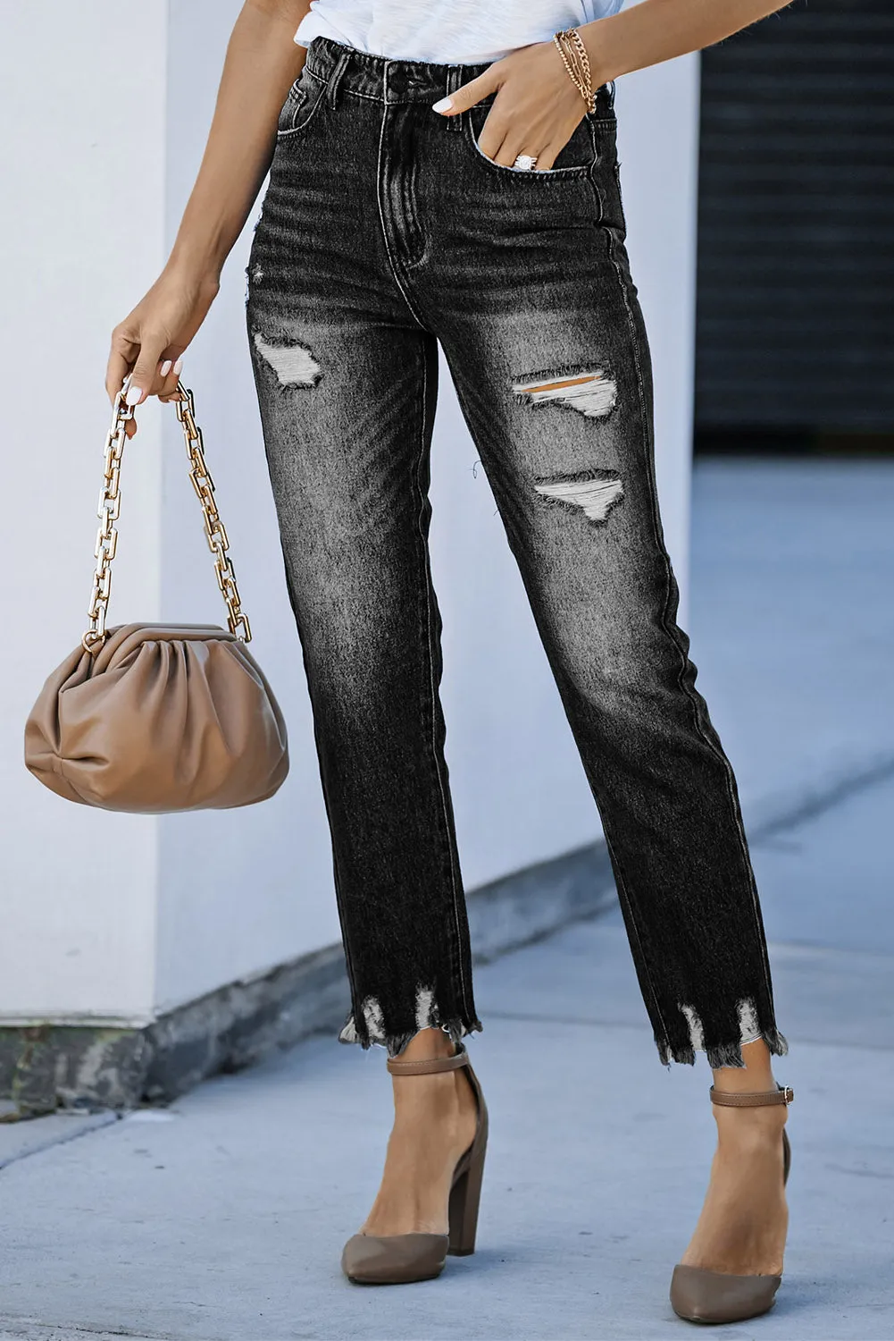 Women's Patchwork Destroyed Jean Ripped Boyfriend Denim Pants