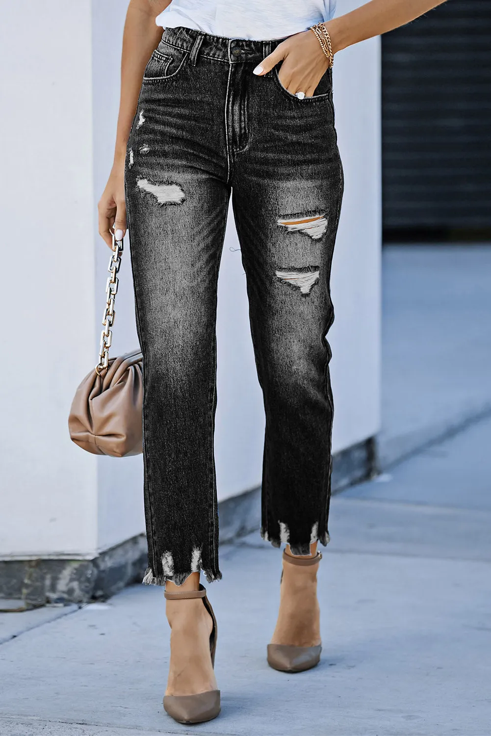 Women's Patchwork Destroyed Jean Ripped Boyfriend Denim Pants