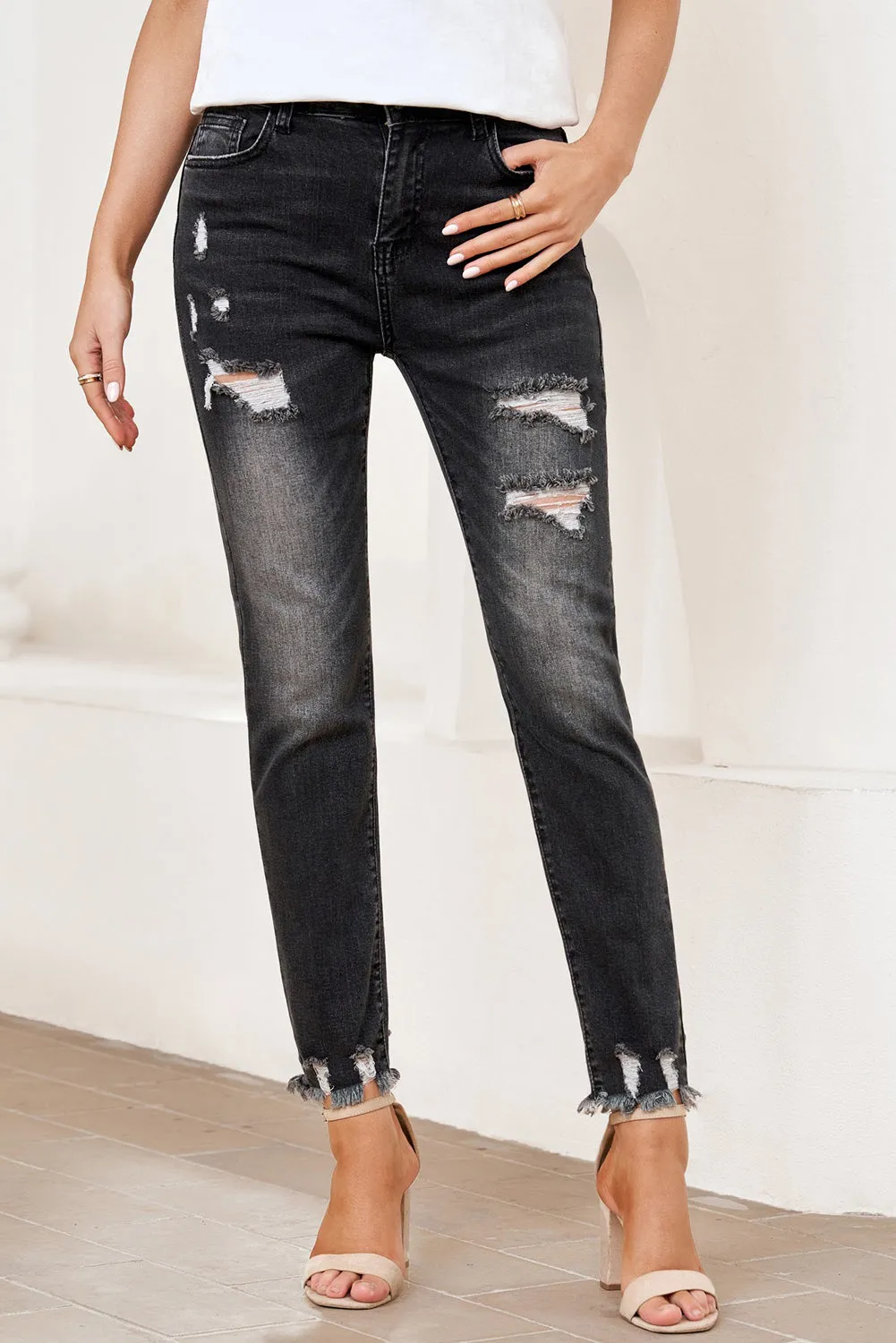 Women's Patchwork Destroyed Jean Ripped Boyfriend Denim Pants