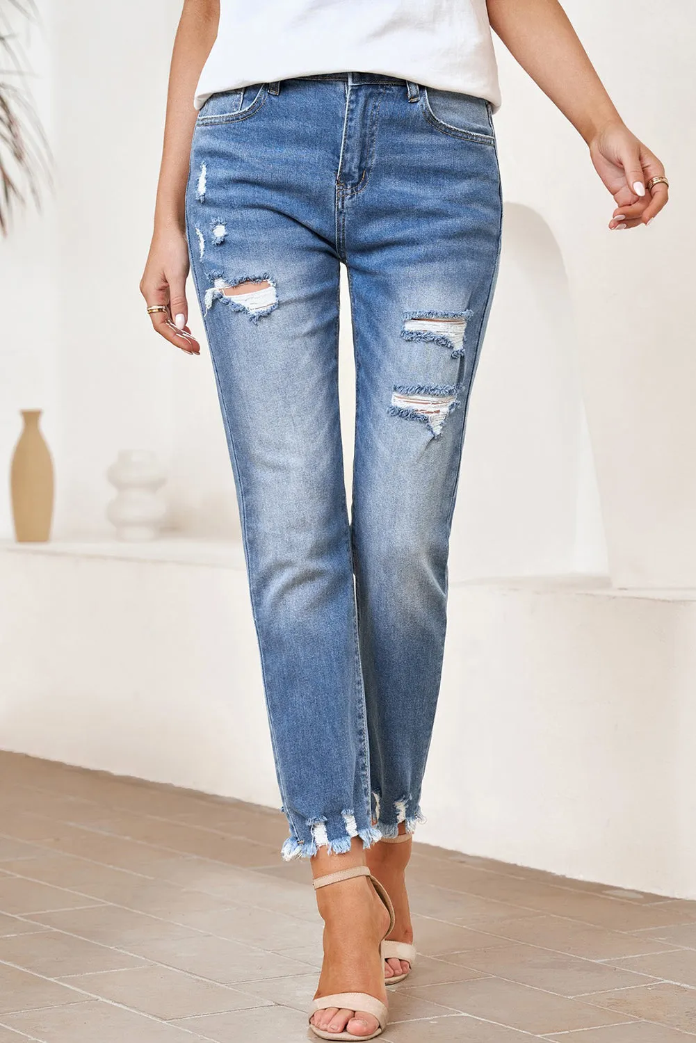 Women's Patchwork Destroyed Jean Ripped Boyfriend Denim Pants