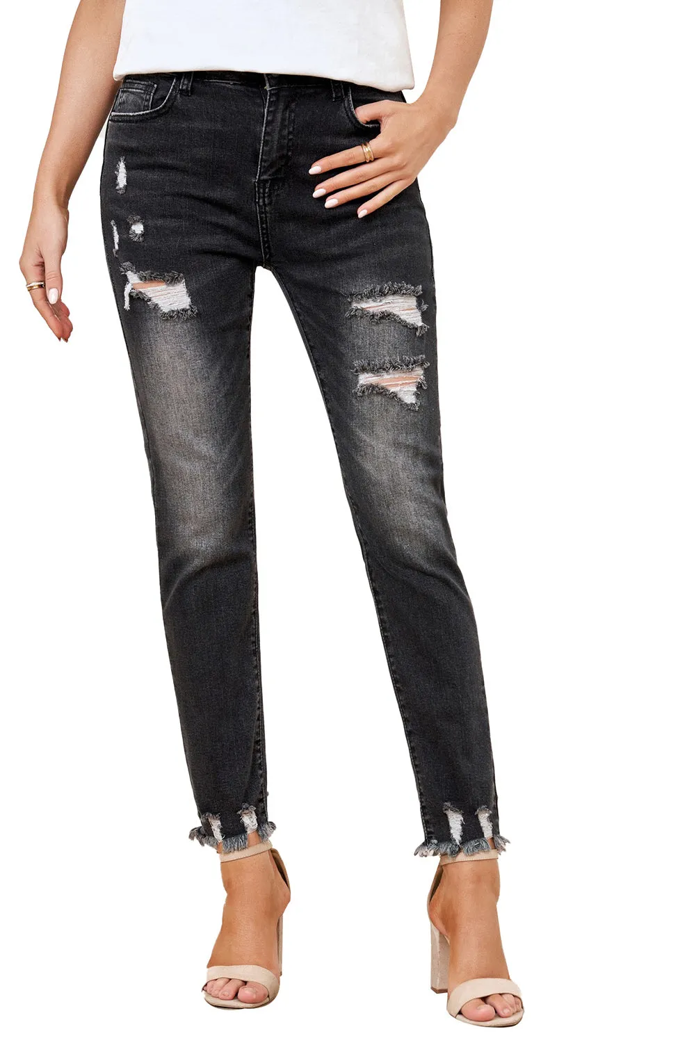 Women's Patchwork Destroyed Jean Ripped Boyfriend Denim Pants