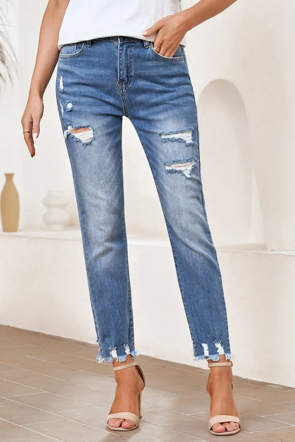 Women's Patchwork Destroyed Jean Ripped Boyfriend Denim Pants