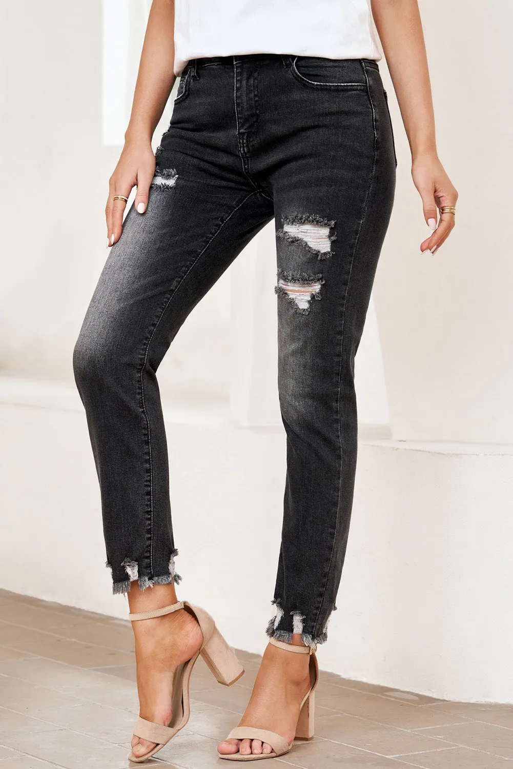 Women's Patchwork Destroyed Jean Ripped Boyfriend Denim Pants