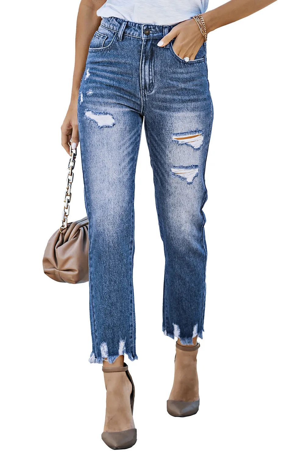 Women's Patchwork Destroyed Jean Ripped Boyfriend Denim Pants