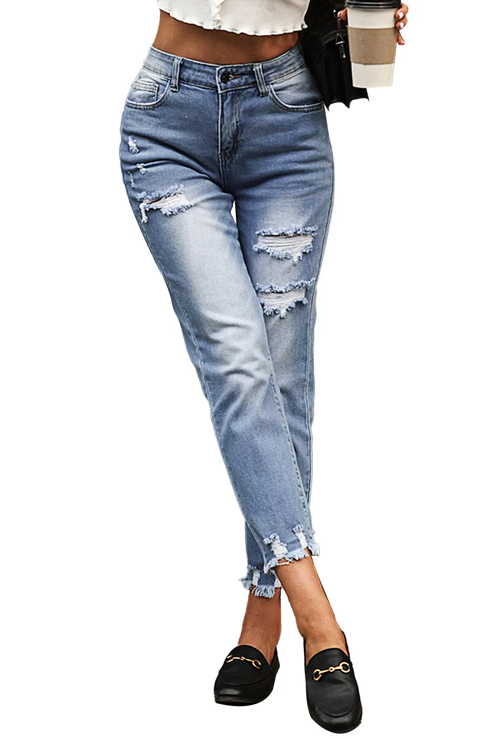 Women's Patchwork Destroyed Jean Ripped Boyfriend Denim Pants