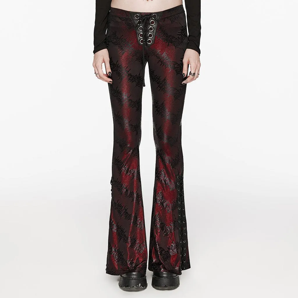 Women's Punk Thorns Printed Lace-up Flared Pants Red