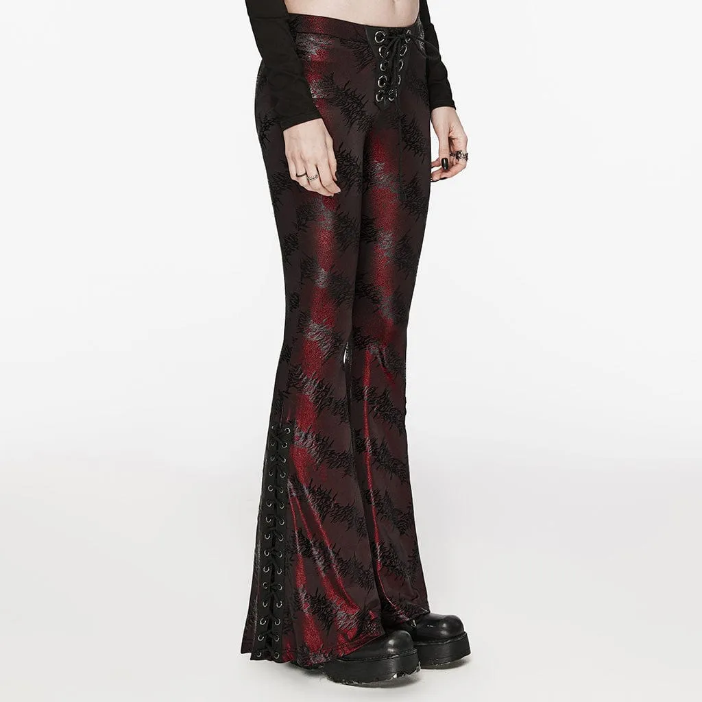 Women's Punk Thorns Printed Lace-up Flared Pants Red