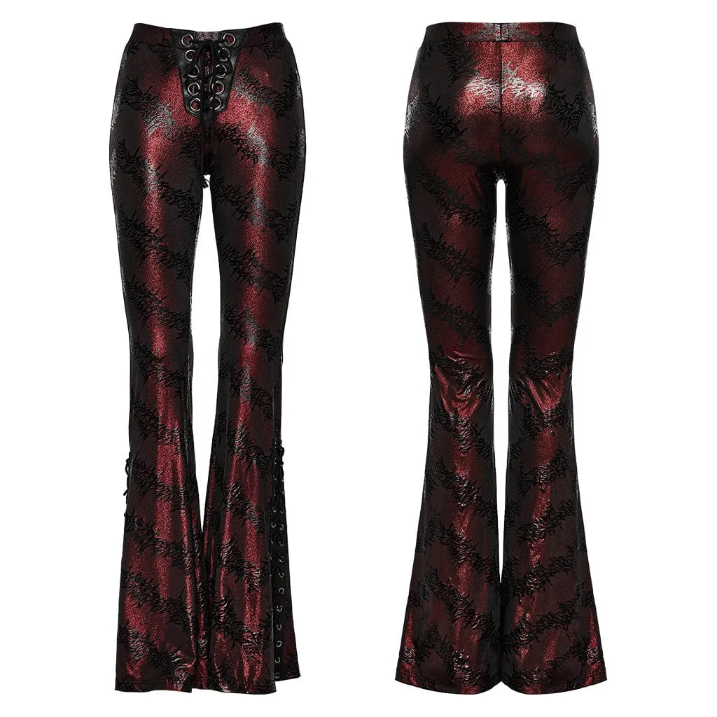 Women's Punk Thorns Printed Lace-up Flared Pants Red