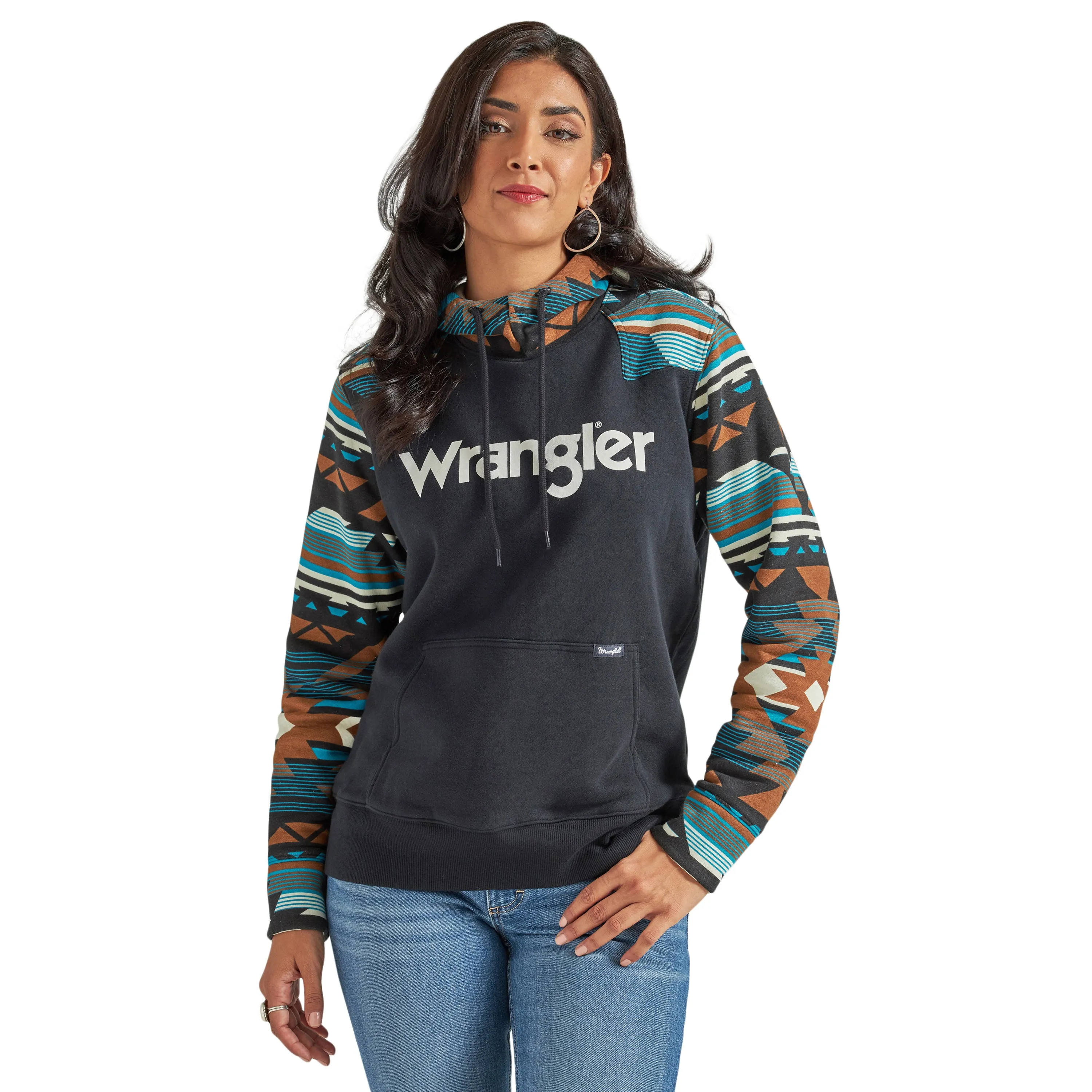 Wrangler Women's Black Pullover Hoodie with Teal Aztec Print Sleeves